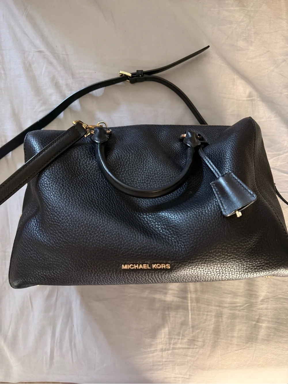 Michael Kors Black Pebbled Leather Satchel with Gold Hardware